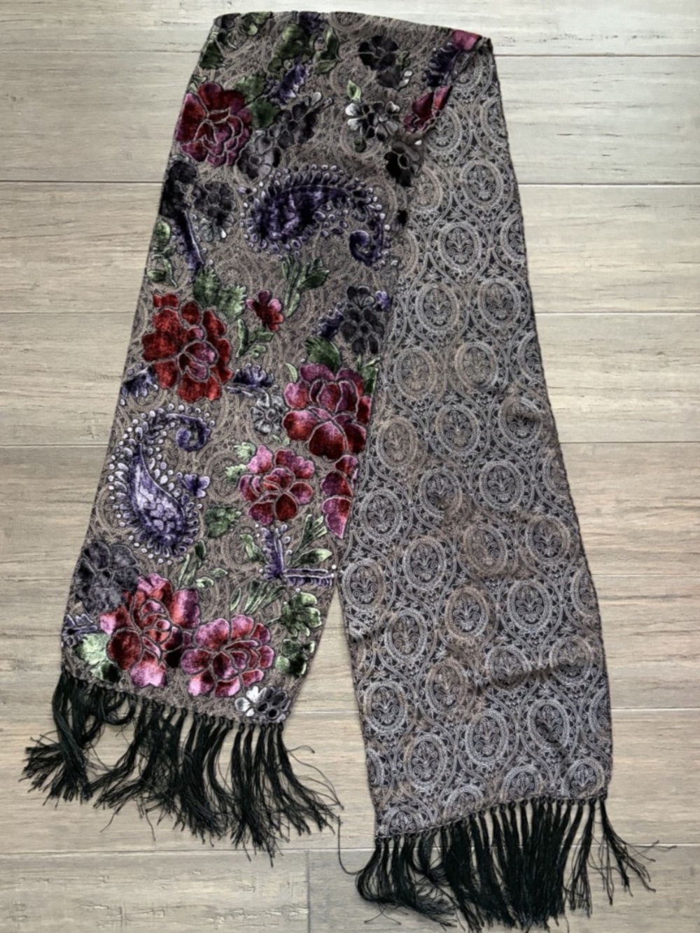 Black Floral Multicolor Velour Cutout Fringe Scarf Boho Vintage Style